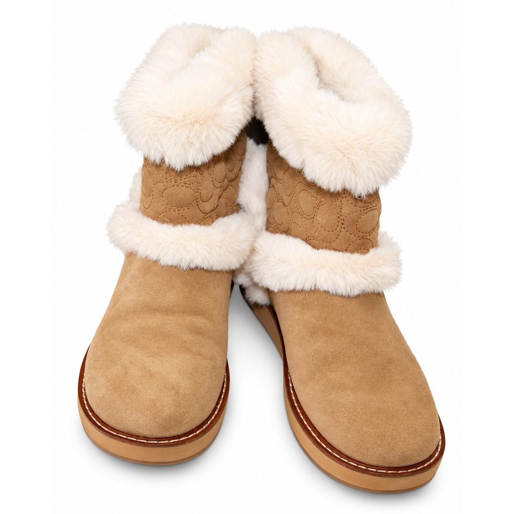 Coach Izzie Signature Suede Faux Fur Trim Boots Peanut FG4597 Womens 8 B
